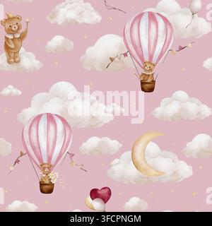 Motif sans couture aquarellé représentant des ballons gonflables roses, des nuages moelleux et des oursons en peluche. Pour textiles pour enfants, papier peint. Motif répétitif avec lune Banque D'Images