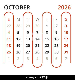 Grille de planificateur mensuel vierge anglais pour octobre 2026 Modèle de calendrier professionnel épuré (compatible avec 2037 et 2043). Illustration de Vecteur