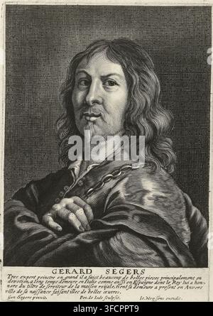 Portrait de Gerard Seghers, impression, Portrait en buste de Gerard Seghers. Il porte une chaîne autour du cou et a les bras croisés. Dans la marge, le nom du modèle et une légende de quatre lignes en français., graveur : Pieter de Jode (II), Anvers, d'après une peinture de Gerard Seghers, éditeur : Joannes Meyssens, 1628 - 1670, papier, gravure, eau-forte, gravure et eau-forte, hauteur 163 mm x largeur 113 mm, Person, collier (+ vêtements pour hommes)., Un portrait gravé en noir et blanc d'un homme montré à partir de la poitrine, légèrement tourné vers la droite avec le regard vers le spectateur, arborant de longs cheveux ondulés qui Banque D'Images