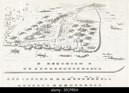 Bataille de Hickelsmey (près de Kempen), 1642, gravure, La bataille de Hickelsmey (près de Kempen), 17 janvier 1642. Bataille dans laquelle les troupes weimariennes et françaises sous Jean Baptiste Budes de Guébriant ont remporté la victoire sur les troupes hesse impériales sous Guillaume de Lamboy. La bataille a eu lieu en Allemagne près de Krefeld, Willich, Kempen. En haut, une vue à vol d'oiseau de la bataille ; en bas, les lignes de bataille des deux armées. Imprimé au verso avec texte en latin et en français., graveur : Stefano della Bella, Italie, 1647 - 1649, Stefano della Bella, graveur, papier, eau-forte, hauteur 305 mm x largeur 443 mm, Banque D'Images