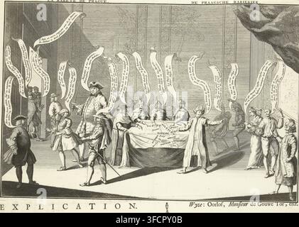 La Rareté de Prague, De Praagsche Rariekiek, De Praagse rarekiek, 1742, caricature, estampe, 1742. Caricature des Français dans laquelle le cardinal Fleury à Prague répartit les terres de l'Autriche, de la Bohême et de la Silésie entre les Alliés tandis que l'archiduchesse Marie-Thérèse observe. Les personnages de l'image ont des bulles de dialogue. Allégorie de la guerre de Succession d'Autriche. Sur la feuille sous la plaque, une explication des chiffres I-XVIII en français et en néerlandais., graveur, d'après une estampe par, éditeur, Londres, Amsterdam, Pays-Bas du Nord, papier, eau-forte, gravure, impression typographique, gravure et impression typographique, Banque D'Images