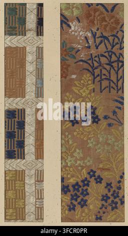 Deux fragments textiles, fragment, matériaux textiles, broderie de fleurs, plantes et motifs géométriques sur un fond brun., Japon, 1658 - 1661, École, Style, École d'art asiatique, Manji, soie, hauteur 28,8 cm x largeur 8,4 cm x largeur 5,1 cm., Une image verticale montre deux panneaux de tissu étroits côte à côte montés sur un fond beige moucheté. Le panneau de gauche présente des bandes géométriques tissées dans des tons sourds avec des points horizontaux et verticaux texturés, y compris des motifs de losanges tressés d'un couleur crème pâle et des blocs de vert, bleu, brun et or disposés selon un motif répétitif. Le panneau droit Banque D'Images