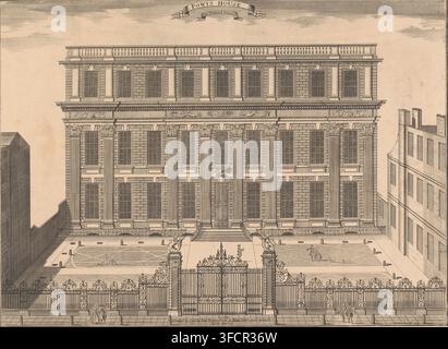 Powis House dans Ormond Street, Vue de Powis House à Londres, Vues des bâtiments à Londres, Londres décrit, ou Vues en perspective et élévations de bâtiments notoires, estampe, graveur : Sutton Nicholls, marchand d'estampes : John Bowles, Londres, 1720 - 1731, papier, eau-forte, gravure, hauteur 344 mm x largeur 459 mm, petit palais en ville., Une gravure architecturale détaillée d'un grand bâtiment classique vu de face, avec une façade symétrique présentant plusieurs hautes fenêtres rectangulaires encadrées dans un parement de pierre rustique et bordées de pilastres et de colonnes corinthiennes ornées, une corniche élaborée et Banque D'Images