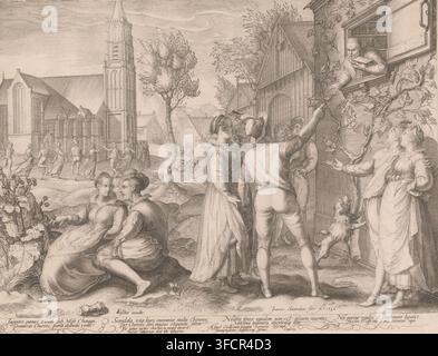 Jeunes couples s'amusant et dansant, 1596, Ingentes panas stolich sub Mose Choragi Promeriti Choreis, pana dolenda venit, estampe, Scène de village avec de jeunes couples s'amusant et dansant autour de l'église d'Assendelft, 1596. À gauche, un couple faisant l'amour. À droite, les jeunes sont interpellés par un homme plus âgé avec un livre depuis sa fenêtre ouverte. Avec une légende de douze lignes en latin., graveur : Jan Saenredam, Pays-Bas du Nord, éditeur : Claes Jansz. Visscher (II), papier, eau-forte, hauteur 302 mm x largeur 400 mm, jeune contre vieux, jeune et vieux, danse de groupe autour de quelqu'un Banque D'Images