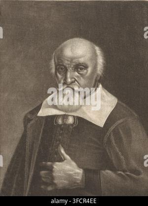 Portrait de Caspar Wadel, impression, imprimeur : Johann Friedrich Leonard, Vienne, 1672, Basse-Autriche, papier, mezzotinte, gravure, mezzotinte et gravure, hauteur 170 mm x largeur 117 mm, Person, Caspar Wadel. Un portrait monochrome d'un homme âgé montré de la poitrine vers le haut portant une robe sombre et un large col clair, avec une longue barbe blanche et une moustache bouclée, un front haut et chauve avec des cheveux sur les côtés, des yeux enfoncés regardant droit devant, une main visible à son torse tenant la robe, et un fond sombre et simple. Banque D'Images