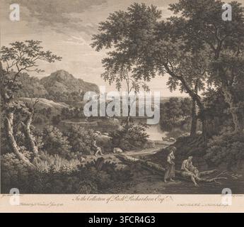 Paysage avec un berger et deux personnages près d'un bassin, estampe, graveur : François Vivares, Londres, d'après une peinture de George Lambert, 1749-06, papier, gravure à l'eau-forte, hauteur 433 mm x largeur 510 mm, pastorales, scènes arcadiennes, pâturage, berger, bergère, berger, bergère, bouvier, rivière, se laver les pieds - AA - en plein air., Une gravure de paysage sépia montrant une large rivière ou un lac entouré d'arbres denses et de collines ondulées, avec une colline rocheuse et un petit groupe de bâtiments de type château visibles au loin, de grands arbres matures encadrant la scène à droite et à gauche avec des détails Banque D'Images