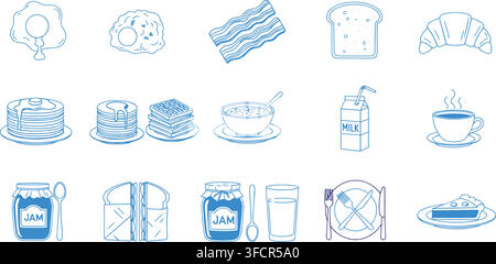 Collection de plats de petit-déjeuner mettant en vedette divers icônes de repas du matin pour les menus de restaurant ou la publicité lifestyle. Illustration de Vecteur