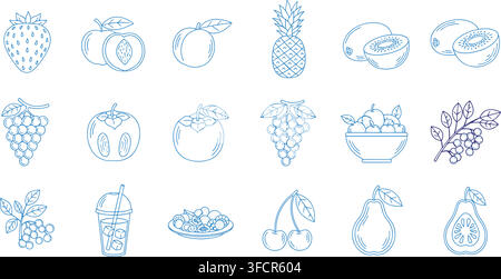Icônes de fruits frais présentant des illustrations en bleu linéaire pour des projets de design culinaire et le marketing d'aliments sains. Illustration de Vecteur