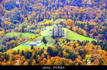 Vue aérienne époustouflante d'une forêt automnale colorée entourant des prairies verdoyantes avec des maisons rurales nichées sur une colline. Feuillage automnal vibrant en orange, ye Banque D'Images