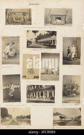 Portrait d'un marchand d'oiseaux javanais, page d'album, photographie, Partie de l'album photo de Robert Daniel Crommelin (1841-1907)., Java, vers 1870 - vers 1880, photographe, papier, impression à l'albumine, hauteur 92 mm x largeur 59 mm, ), marchand itinérant ou voyageur, portant quelque chose avec une perche de transport., Une grande feuille verticale avec une grille d'empreintes photographiques sépia fixées dessus, montrant une variété de scènes et de portraits ; en haut, une image horizontale de deux hommes portant une personne assise dans une civière à côté d'une clôture en chaume et à côté une petite litière couverte ornée avec un enfant à l'intérieur et deux figures debout a Banque D'Images