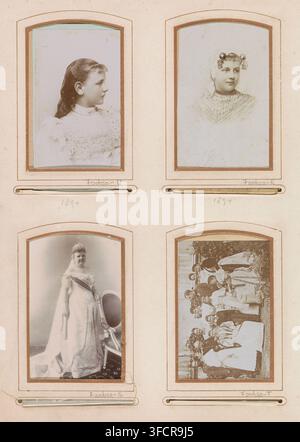 Portrait de la princesse Wilhelmina en costume traditionnel de Zuid-Beveland, page d'album, photographie, carte-de-visite, Cette photo fait partie d'un album., inscription : 'AJM Steinmetz, Photographe, La Haye', photographe : Antoine Johan Marinus Steinmetz, La Haye, 1894, papier, carton, papier baryté, impression argentique au collodion à la lumière du jour, hauteur 103 mm x largeur 62 mm, Person, Wilhelmina des Pays-Bas, personnes historiques - BB - femme, costume folklorique, costume régional., Une page verticale avec un fond pâle montrant quatre images photographiques encadrées disposées en deux colonnes et deux rangées, chaque image placée dans le Banque D'Images