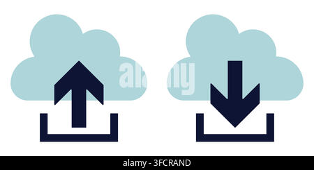 Ensemble d'illustrations vectorielles d'icônes de stockage cloud computing mettant en vedette des flèches de téléchargement et de téléversement blanches dans un bouton circulaire sombre Illustration de Vecteur