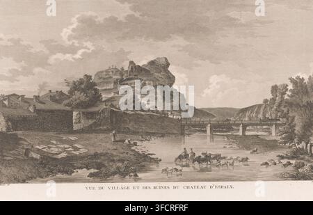 Vue d'Espaly-Saint-Marcel, Vue du village et des ruines du chateau d'Espaly, estampe, Numéroté en bas à droite : Dép. de la Haute Loire. No. 14., graveur : François Denis Née, d'après un dessin de Meunier, 1749 - 1817, François Denis Née, Meunier, graveur, d'après un dessin, papier, eau-forte, hauteur 292 mm x largeur 430 mm, paysage avec ruines, traversée d'une rivière, blanchissage (lessive), Espaly-Saint-Marcel. Un vaste paysage sépia montre une rivière au premier plan avec du bétail et quelques personnes qui pataugent et chevauchent dans l'eau peu profonde, un pont de pierre bas traverse la rivière vers le milieu du plan Banque D'Images