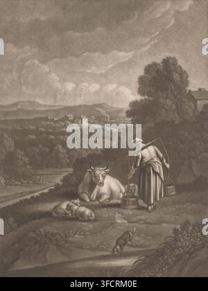 Paysage vallonnée avec une laitière et du bétail, Matin, gravure, avec un vers de quatre lignes en anglais., graveur : Charles Spooner, d'après une peinture d'Isaac Vogelsang, éditeur : Robert Sayer, Londres, c. 1745 - 1767, papier, mezzotinte, gravure à l'eau-forte, hauteur 354 mm x largeur 249 mm, bétail, pays de collines basses, laitière., Une scène rurale sépia montrant des collines ondulantes et des bâtiments lointains sous un ciel nuageux, avec un groupe d'arbres et une maison au bord droit ; au premier plan, une personne portant une robe longue et une coiffe se tient avec un joug sur les épaules et deux seaux suspendus à celui-ci, face à une personne assise Banque D'Images