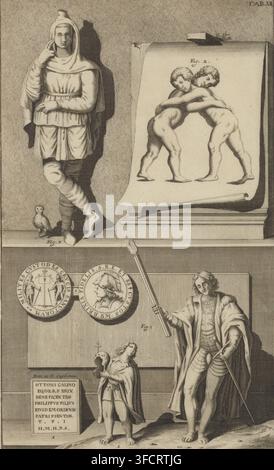 Composition avec un homme debout à côté d'un papier représentant des garçons s'embrassant au-dessus d'un noble, gravure, illustration de livre, Les figures et objets sont numérotés de Fig. 1 à Fig. 3. L'ensemble est numéroté en haut à droite : TAB. XII., d'après un dessin de Brix, 1700 - 1799, graveur, papier, gravure, eau-forte, hauteur 345 mm x largeur 210 mm., Une scène gravée verticale montrant une variété de figures et d'objets disposés sur une surface semblable à un mur. En haut à gauche, une figure drapée se tient dans une pose contrapposto avec une main levée vers le visage et l'autre reposant près de la taille, portant des robes superposées et une capuche, Banque D'Images