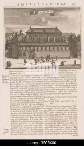Vue de la Spinhuis à Amsterdam, T' Spin-Huys, gravure, illustration de livre, éditeur : veuve Aart Dircksz. Oossaan (peut-être), Amsterdam, 1694, veuve Aart Dircksz. Oossaan, graveur, éditeur, papier, eau-forte, impression typographique, eau-forte avec texte en typographie sur le recto et le verso, hauteur 125 mm x largeur 157 mm, rue (+ ville(-scape) avec personnages, staffage), prison, cachot, porte, entrée, maison de correction, camp pénitentiaire, pénitencier, chaîne, Spinhuis, Spinhuissteeg., Une gravure sépia détaillée d'un grand bâtiment classique vu de face, avec une façade symétrique, un toit en tuiles avec le Banque D'Images