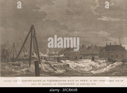 Vue du Nouveau Port, du quai et de l'embarcadère Wijnberg, à l'endroit où l'écluse ou le barrage maritime déborde à Vlissingen, le 15 janvier 1808, Inondation au Nouveau Port, quai et embarcadère Wijnberg à Vlissingen, gravure, illustration de livre, graveur : Izaak Jansz. de Wit, Pays-Bas, graveur : Joannes Pieter Visser Bender, Haarlem, d'après un dessin de Johannes Hermanus Koekkoek, éditeur : Adriaan Pietersz. Loosjes, papier, eau-forte, épreuve, hauteur 182 mm x largeur 261 mm., Une paysage marin montrant des vagues turbulentes se brisant contre des poteaux en bois et des structures en pierre au premier plan, avec un partiellement Banque D'Images