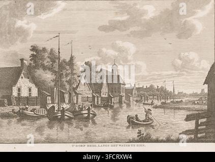 Vue de Heeg depuis l'eau, T'Dorp Heeg, vu depuis l'eau, impression, graveur : Carel Frederik Bendorp (I), d'après un dessin de Jan Bulthuis, 1786 - 1792, Carel Frederik Bendorp (I), Jan Bulthuis, graveur, d'après un dessin, papier, gravure à l'eau-forte, hauteur 171mm x largeur 236mm., Une large scène riveraine rendue en un trait fin montrant plusieurs bateaux en bois amarrés le long d'un cours d'eau calme et une petite barque avec deux personnages, l'un debout et l'autre assis, près du centre droit. Le long de la rive proche, il y a des bâtiments groupés avec des toits fortement inclinés, des façades en croupe et des poutres en bois visibles, et un Banque D'Images