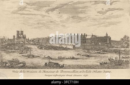 Vue de la Maison de Monsieur de Bretonvillier et de la Lisle Nostre-Dame, Vue de l’Hôtel de Bretonvilliers et Notre-Dame, Diverses Vues Faites sur Nature, Diverses Vues de la Nature, estampe, tampon : "Office of the National Inspector for Movable Monuments, ", graveur : Israël Silvestre, concessionnaire du privilège : Louis XIV (Roi de France), France, 1658, papier, eau-forte, hauteur 117 mm x largeur 197 mm, petit palais en ville, Paris, Notre-Dame (Paris), Hôtel de Bretonvilliers. Un vaste paysage fluvial gravé dans des tons sépia montre un fleuve peuplé de nombreux petits bateaux et péniches, certaines avec des auvents, Banque D'Images