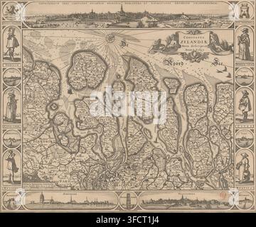 Comitatus Zelandiae nova descriptio, Carte de Zélande, impression, carte, Sur la carte elle-même, en bas à gauche, un pêcheur avec une barre d'échelle en dessous : Miliaria Germanica communia, Miles allemands communs de 15 degrés. En haut à droite, la cartouche du titre avec un dieu fleuve et une déesse. La bordure est composée de vues de lieux de Zélande, des armoiries de Zélande et de Middelburg, ainsi que de figures en costume des nobles, des citoyens et des agriculteurs de Zélande. Orientation : nord à droite., graveur, éditeur, Amsterdam, papier, gravure, eau-forte, hauteur 471 mm x largeur 568 mm, ) (+ province, provincial), Zélande., Un ornementé Banque D'Images