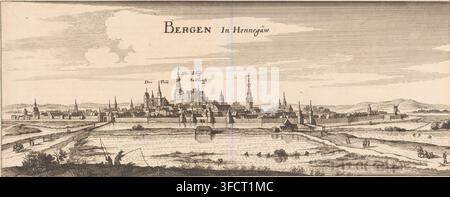 Bergen en Hainaut, Vue de Bergen (Mons), impression, Vue de Bergen (Mons) depuis le sud. La ville est entourée d'eau. Avec deux pêcheurs au premier plan., graveur : Caspar Merian, Francfort-sur-le-Main, 1654 - c. 1700, Hesse, papier, eau-forte, gravure, hauteur 165 mm, vue de ville, panorama urbain, silhouette de ville, église (extérieur), Bergen (Belgique)., Une large gravure panoramique d'une ville fortifiée vue à travers un plan d'eau, avec de nombreux toits inclinés et de hautes flèches s'élevant des bâtiments regroupés derrière les fortifications ; un groupe central surélevé de bâtiments et de tours plus grands Banque D'Images