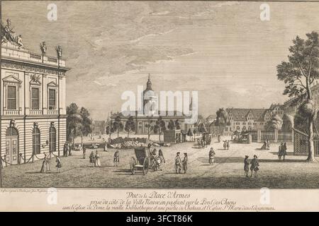 Vue de l'Alte Bibliothek sur la Bebelplatz à Berlin, Vue de la Place d'Armes prix du côté de la Ville Neuve, passant par le Pont des Chiens avec l'Eglise du Dome, la vieille Bibliotheque et une partie du Chateau, et l'Eglise Ste. Marie dans l'eloignement, gravure, À l'arrière-plan le Altes Palais et la Marienkirche., graveur : Johann Georg Rosenberg, 1780, papier, eau-forte, gravure, hauteur 487 mm x largeur 732 mm, carré, cirque, église (extérieur), hôtel, c'est-à-dire petit palais en ville, Berlin, Bebelplatz., Une large gravure sépia montre une place formelle bordée de bâtiments classiques et Banque D'Images