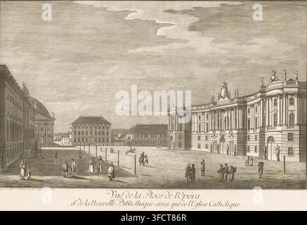 Vue de la Place de l'Opéra, et de la Nouvelle Bibliothéque ainsi que de l'Eglise Catholique, Vue du Bebelplatz à Berlin avec la Bibliotheque Ancienne et l'Ancien Palais et la Cathédrale Sainte-Hedwige, gravure, graveur : Johann Georg Rosenberg, Berlin, d'après un dessin de Johann Georg Rosenberg, 1782, Johann Georg Rosenberg, graveur, d'après un dessin de, papier, eau-forte, gravure, hauteur 484 mm x largeur 708 mm, Cathédrale Sainte-Hedwige (Berlin). Une gravure architecturale étendue montre une grande place ouverte bordée de grands bâtiments classiques avec des colonnes, des façades ornées et des statues le long des toitures. Le rig Banque D'Images