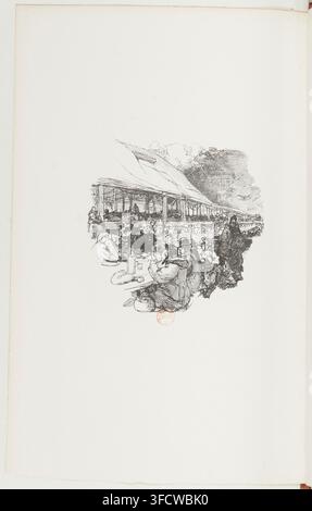 Un groupe de personnes rassemblées sous une grande structure semblable à une tente, occupées à diverses activités, dans une gravure d'Auguste Lepère, un graveur français, tirée de l'ensemble « Paris au hasard / Gravures et dessins d'Auguste Lepère », datée de 1896. Banque D'Images