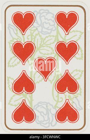 Une gravure de 1900 d'une carte à jouer pour le jeu de Whist, présentant neuf symboles de cœurs rouges disposés en trois rangées de trois, sur un fond floral. Banque D'Images