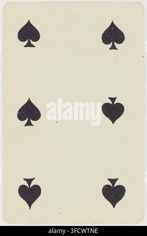 Une gravure de la fin du XIXe siècle d'une carte à jouer avec six symboles de piques, disposés en deux rangées de trois, de la période 1890-1900. Banque D'Images