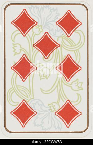 Une carte à jouer avec six symboles de trèfle rouge, sur un fond floral, du jeu de Whist, dans une gravure imprimée datée de 1900. Banque D'Images