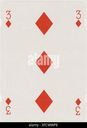 Une carte de trois de carreaux d'un jeu de cartes nationales, avec quatre symboles de carreaux rouges disposés en carré, datée de 1900. Banque D'Images