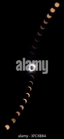 Vue d'une composition photographique chronométrée d'une éclipse solaire totale montrant la progression de la lune couvrant le soleil sur un fond noir à Casper, Wyoming Banque D'Images