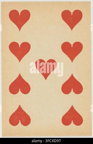 Une carte à jouer avec neuf symboles de cœur rouge, disposés en trois rangées de trois, d'une gravure imprimée, vers 1900-1920. Banque D'Images