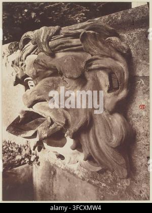 Un mascaron en pierre représentant une tête de lion, faisant partie d'une décoration de fontaine, au Domaine national de Saint-Cloud, par Eugène Atget, photographe français, entre 1923 et 1926. Banque D'Images