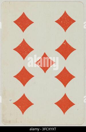 Une gravure de carte à jouer de la fin du XIXe siècle, présentant neuf symboles de diamants rouges disposés en trois rangées de trois, provenant d'une gravure datée entre 1880 et 1900. Banque D'Images