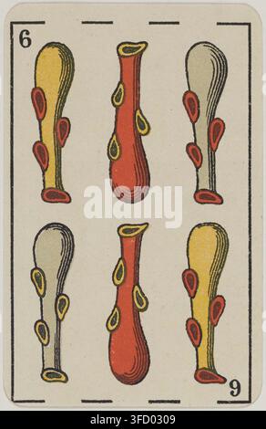 Une gravure de 1902 par E. Helle, lithographe, tirée de l'ensemble « Jeu de cartes au portrait espagnol », représentant six formes abstraites ressemblant à des champignons allongés ou à des champignons, disposées en deux rangées. Banque D'Images