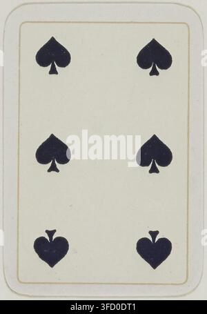 Une gravure de 1900 représentant une carte à jouer avec six symboles de piques, liée au jeu de Patiences. Banque D'Images