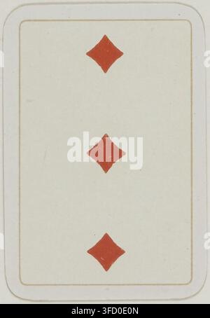 Une gravure de 1900 d'une carte à jouer avec trois diamants rouges sur fond blanc, liée au jeu de Patiences. Banque D'Images