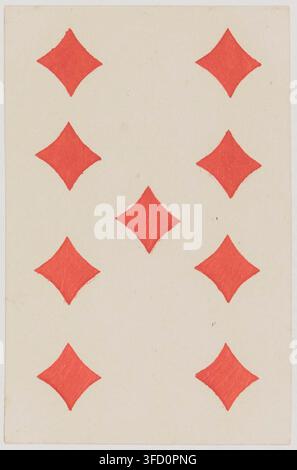 Une carte à jouer du XIXe siècle avec neuf symboles de carreau rouge, disposés en trois rangées de trois, provenant d'une gravure. Banque D'Images