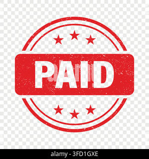Tampon Payé, Illustration Vectorielle. Tampon en Caoutchouc Rouge Payé avec Texture Grunge. Badge de Paiement Approuvé Payé avec Étoiles, Reçu de Facture Vintage Rond Illustration de Vecteur
