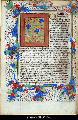 Une page décorée d'un manuscrit médiéval du XVe siècle, présentant des motifs floraux ornés, un carré illuminé central avec une image de fleur et un texte écrit en écriture gothique, bordé de motifs floraux complexes. Banque D'Images