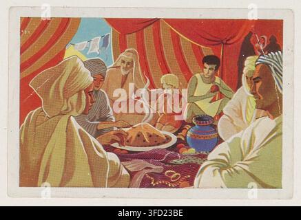 Une chromolithographie présentant un groupe de personnes rassemblées autour d'une table avec de la nourriture, assises sous une structure semblable à une tente avec des draperies rouges et jaunes, vêtues d'une tenue traditionnelle, suggérant un cadre culturel ou historique, créée entre 1850 et 1920. Banque D'Images