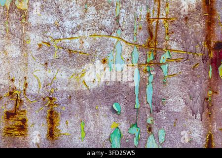 Photographie en gros plan d'une surface métallique peinte érodée. La peinture craquelée et écaillée dans des nuances de violet, blanc, jaune et bleu aqua révèle du métal rouillé Banque D'Images