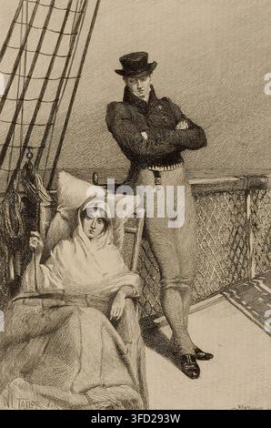 Illustration historique d'un couple sur le pont d'un navire par William Harry Warren Bicknell, montrant une femme assise enveloppée dans un châle à côté d'un homme debout aux bras croisés au milieu du gréement du navire. Banque D'Images