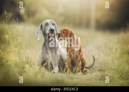 Mâle Weimaraner assis avec un chiot Rhodesian Ridgeback Banque D'Images