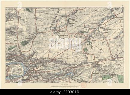 Une carte topographique détaillée des environs de Prague, créée en 1898, montrant les routes, les voies d'eau et les caractéristiques du terrain, avec des symboles indiquant les types de terrain et les settlements. Banque D'Images