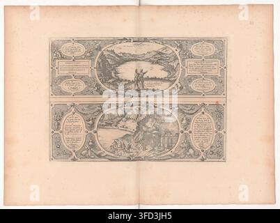 Une gravure de 1623 présentant deux scènes circulaires de figures et de paysages, côte à côte, montrant le Lac d'Agnano. Banque D'Images
