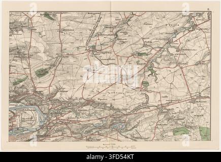 Une carte historique détaillée de Prague des années 1890, montrant un paysage rural avec des routes, des champs et des plans d'eau, disposés selon un motif en grille avec divers noms de lieux et symboles indiquant des caractéristiques telles que des forêts et des habitations. Banque D'Images