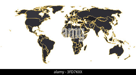 Carte du monde à bordure kintsugi doré au charbon de bois fondu avec carte en pierre sombre veinée de frontières de pays dorées fondues pour une décoration d'affiche d'art mural moderne Illustration de Vecteur